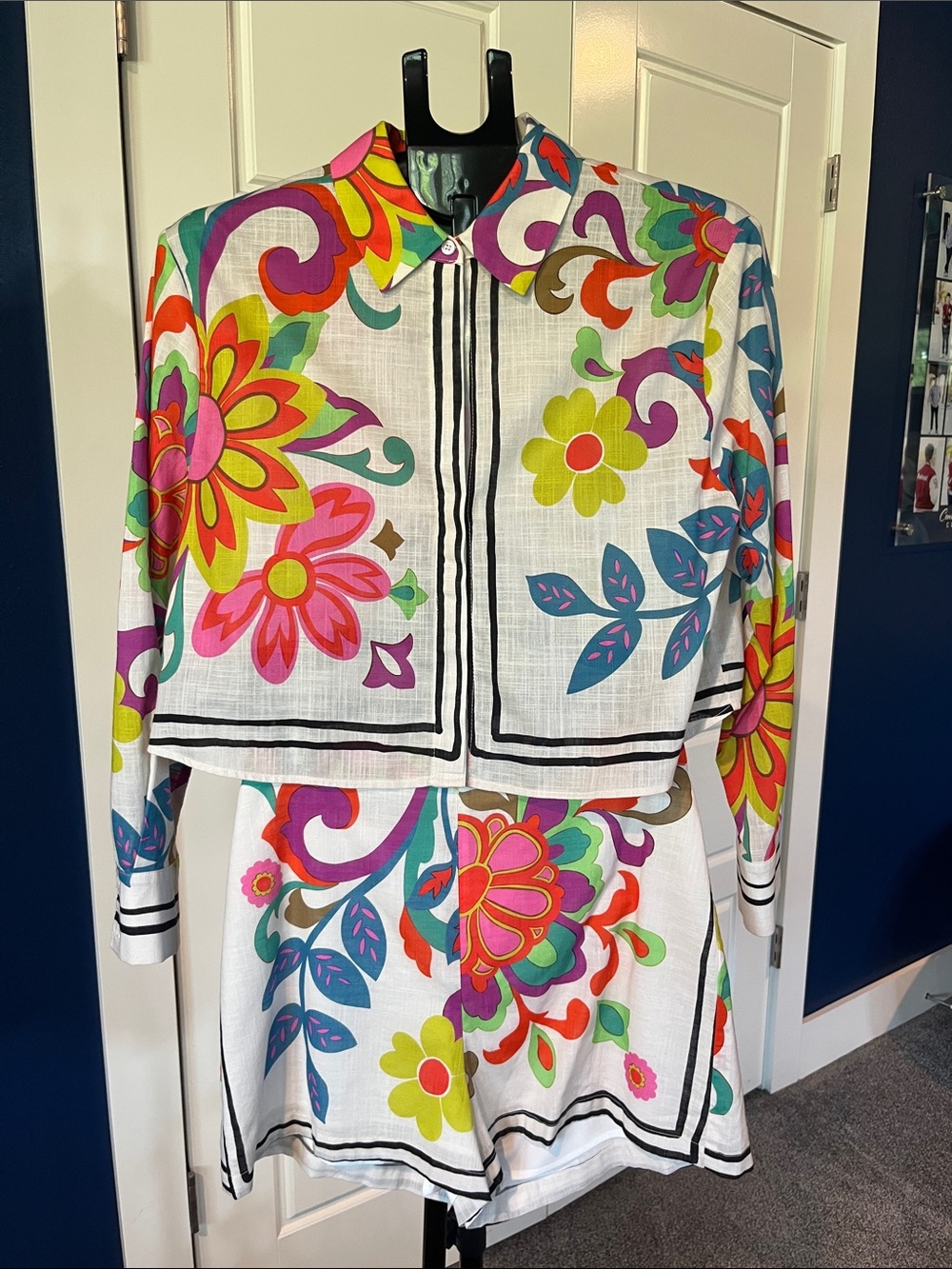 Lavender Brown White Floral Two-Piece Top and Short Set with Multicolor Prints